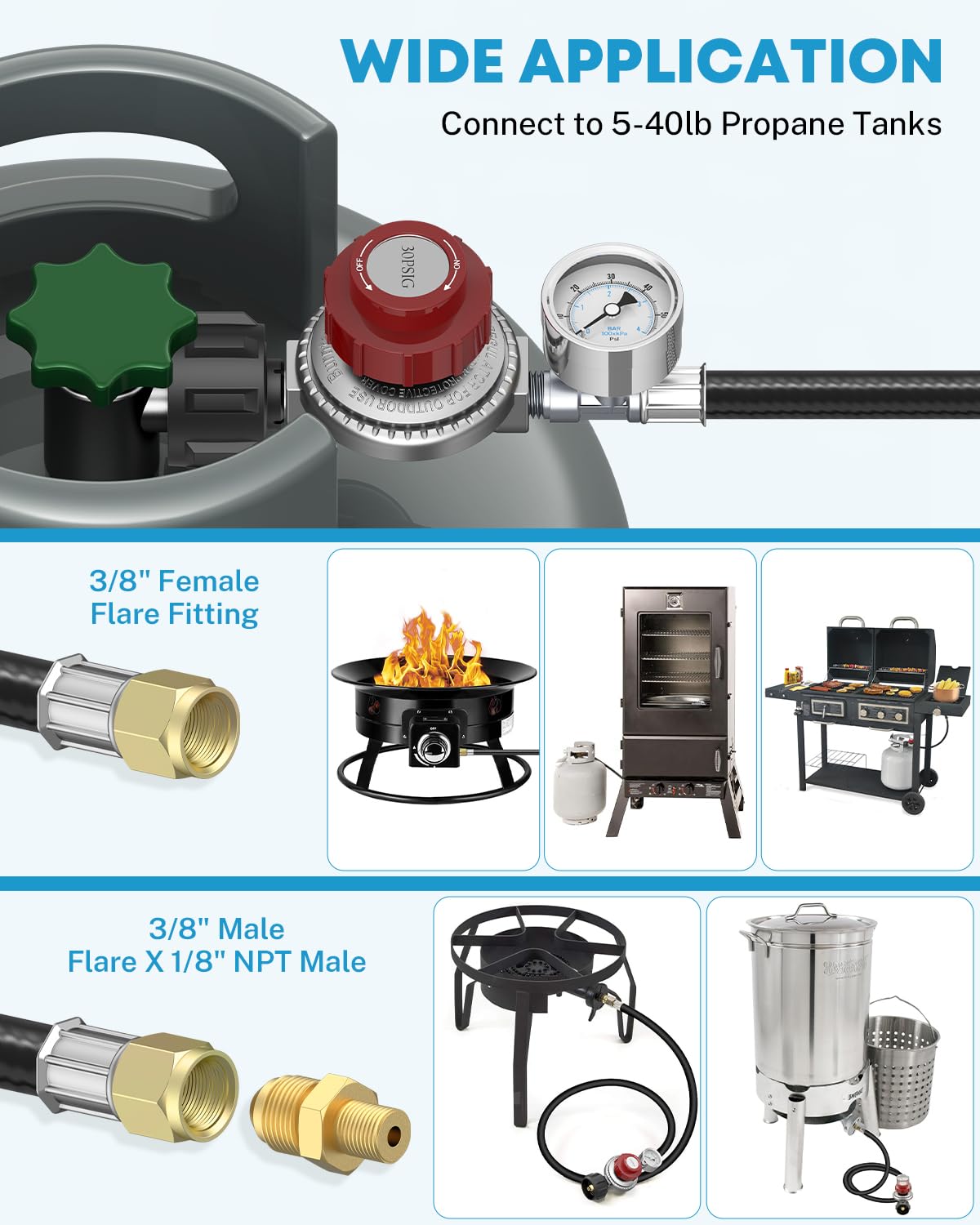 Kohree Upgrade 4FT Adjustable Propane Regulator with Hose High Pressure, Stanless Steel 0-30 & 0-60 PSI Gauges & ⅜ Flare Fitting for Fire Pit, Fryers, Burners, Heaters, QCC1 Tank, BBQ Grill, Stoves