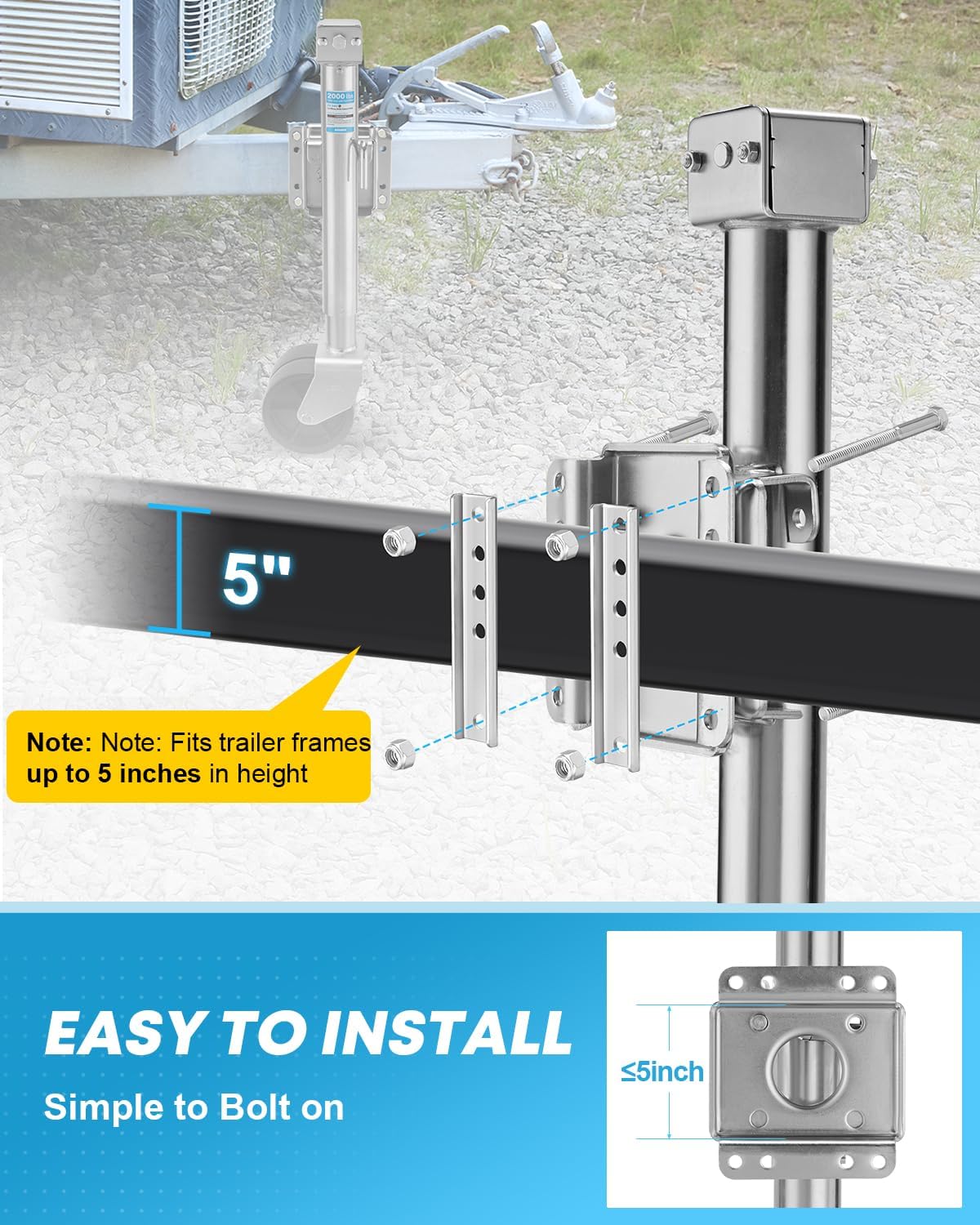 Kohree 2000 lbs Trailer Jack with Dual Wheel, 20-24V Cordless Drill Compatible, Heavy Duty Bolt on Trailer Tongue Jack for RV, Boat, Sliver, 12" Lift