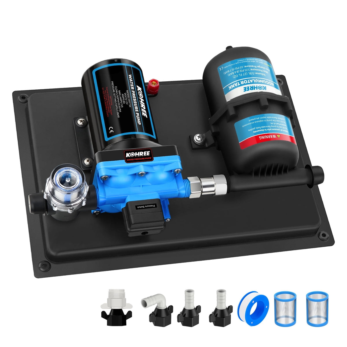 Kohree Water Pressure Diaphragm Pump Self-Priming Pump 12V DC 5.5GPM 55PSI Water Pump with 0.75L 125PSI Pre-Pressurized Accumulator Tank for Boat, RV, Marine, Yacht, Caravan