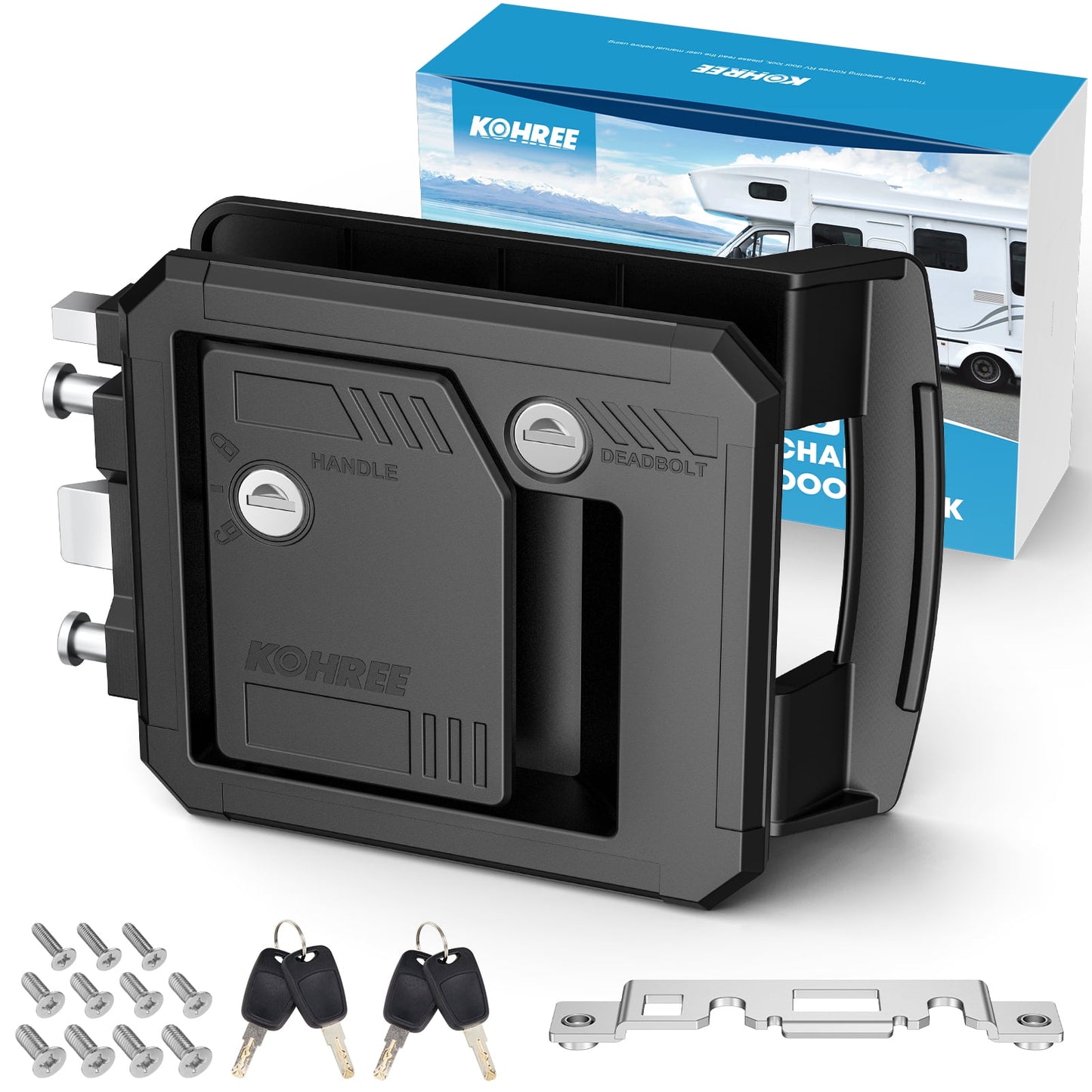Kohree RV Door Lock, Class C Camper Door Latch with 4 Keys, Fits Most Class A & Class C Motorhomes Campers, 4.25" x 4.50" x 1.25"-1.5" Lock Holes