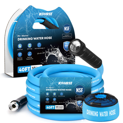 Kohree 40FT NSF 372 Certified Drinking Water Hose, 5/8" ID, Lead-Free, No-Kink & Flexible, with Storage Bag for RV, Camper, Truck, Car, Blue