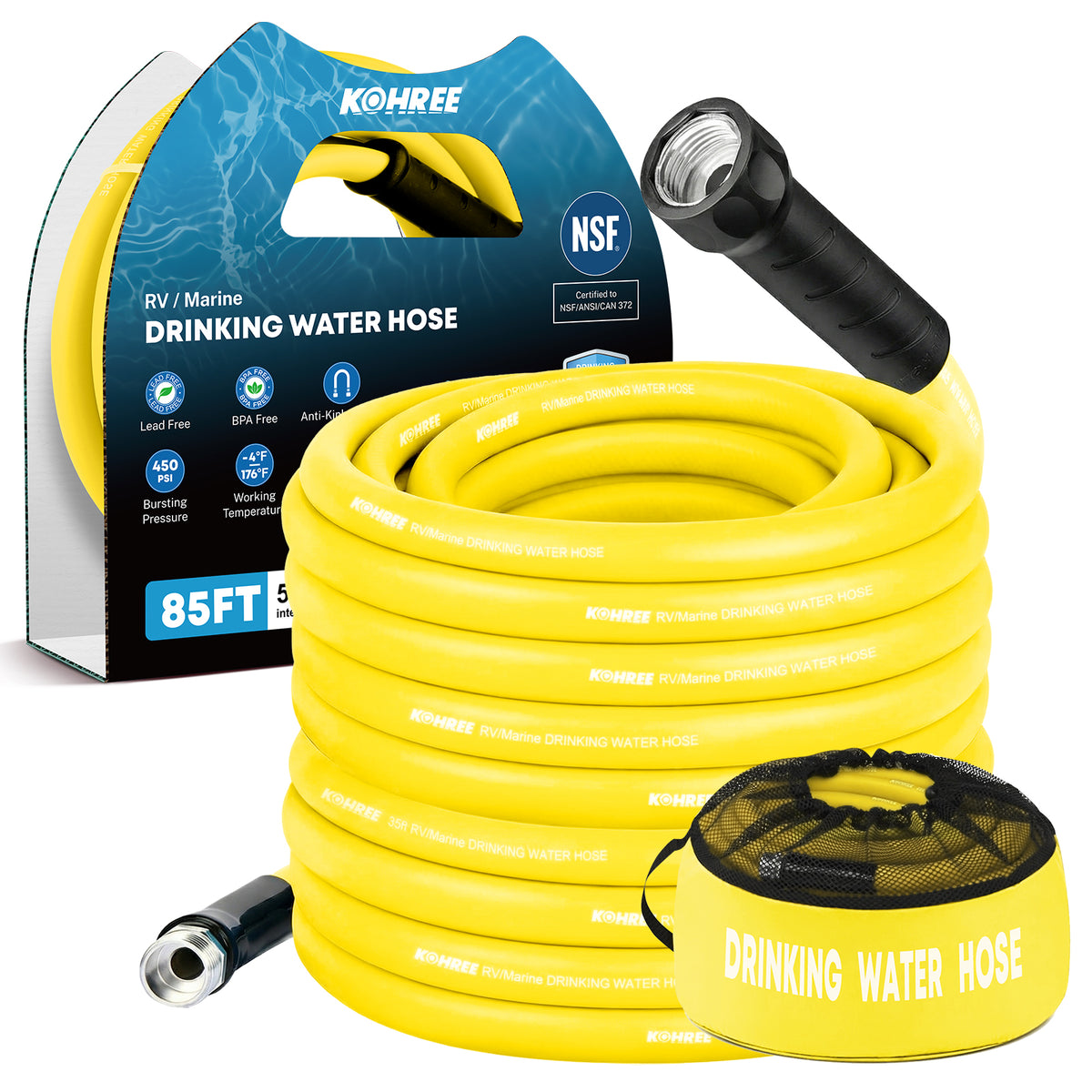 Kohree 85FT NSF 372 Certified Drinking Water Hose, 5/8" ID, Lead-Free, No-Kink & Flexible, with Storage Bag for RV, Camper, Truck, Car, Yellow