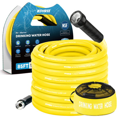Kohree 85FT NSF 372 Certified Drinking Water Hose, 5/8" ID, Lead-Free, No-Kink & Flexible, with Storage Bag for RV, Camper, Truck, Car, Yellow