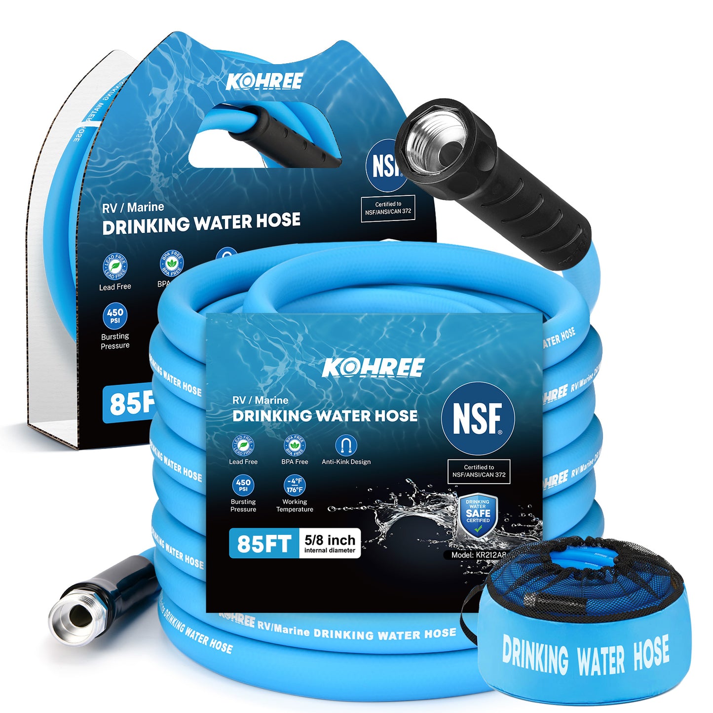 Kohree 85FT NSF 372 Certified Drinking Water Hose, 5/8" ID, Lead-Free, No-Kink & Flexible, with Storage Bag for RV, Camper, Truck, Car, Blue