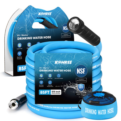 Kohree 85FT NSF 372 Certified Drinking Water Hose, 5/8" ID, Lead-Free, No-Kink & Flexible, with Storage Bag for RV, Camper, Truck, Car, Blue