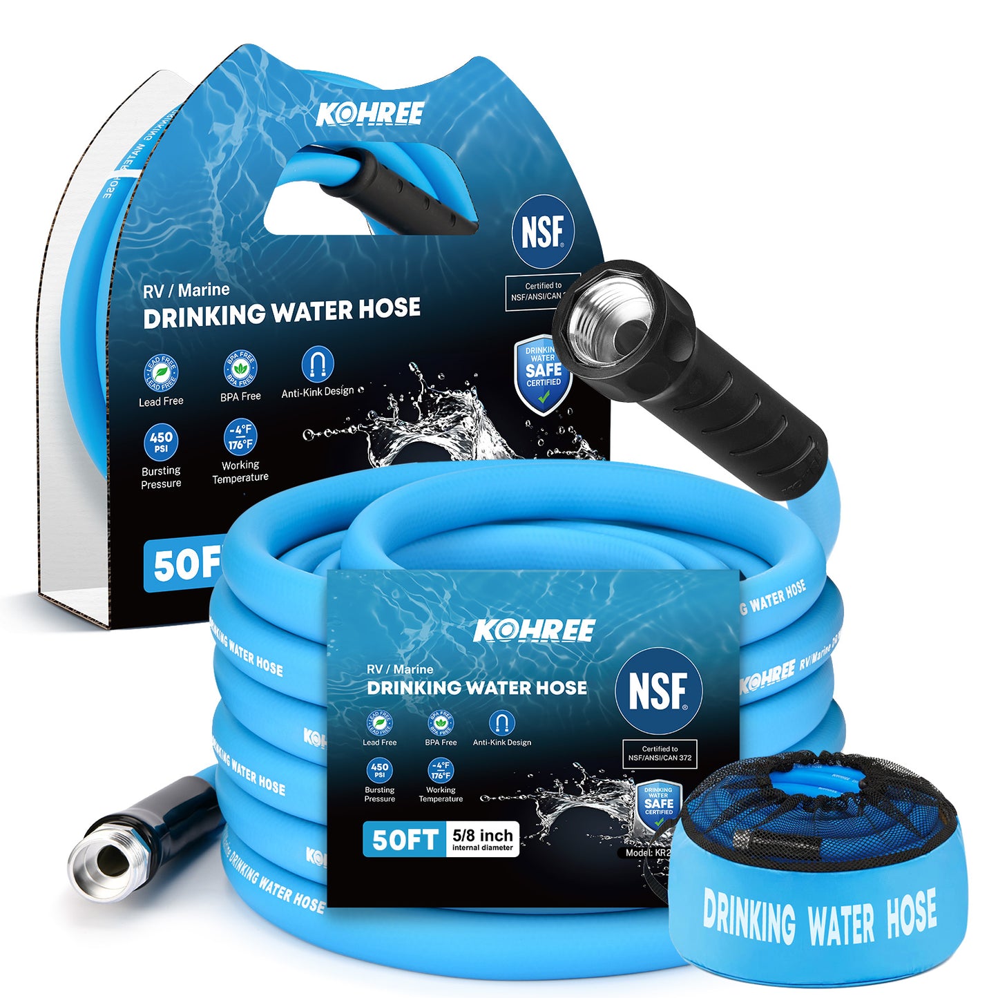 Kohree 50FT NSF 372 Certified Drinking Water Hose, 5/8" ID, Lead-Free, No-Kink & Flexible, with Storage Bag for RV, Camper, Truck, Car, Blue