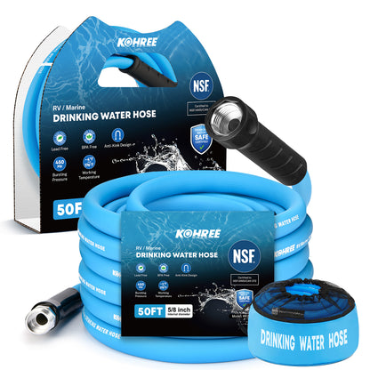 Kohree 50FT NSF 372 Certified Drinking Water Hose, 5/8" ID, Lead-Free, No-Kink & Flexible, with Storage Bag for RV, Camper, Truck, Car, Blue