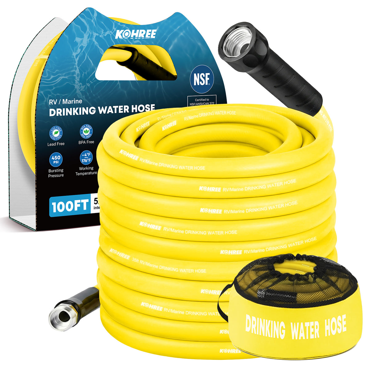 Kohree 100FT NSF 372 Certified Drinking Water Hose, 5/8" ID, Lead-Free, No-Kink & Flexible, with Storage Bag for RV, Camper, Truck, Car, Yellow
