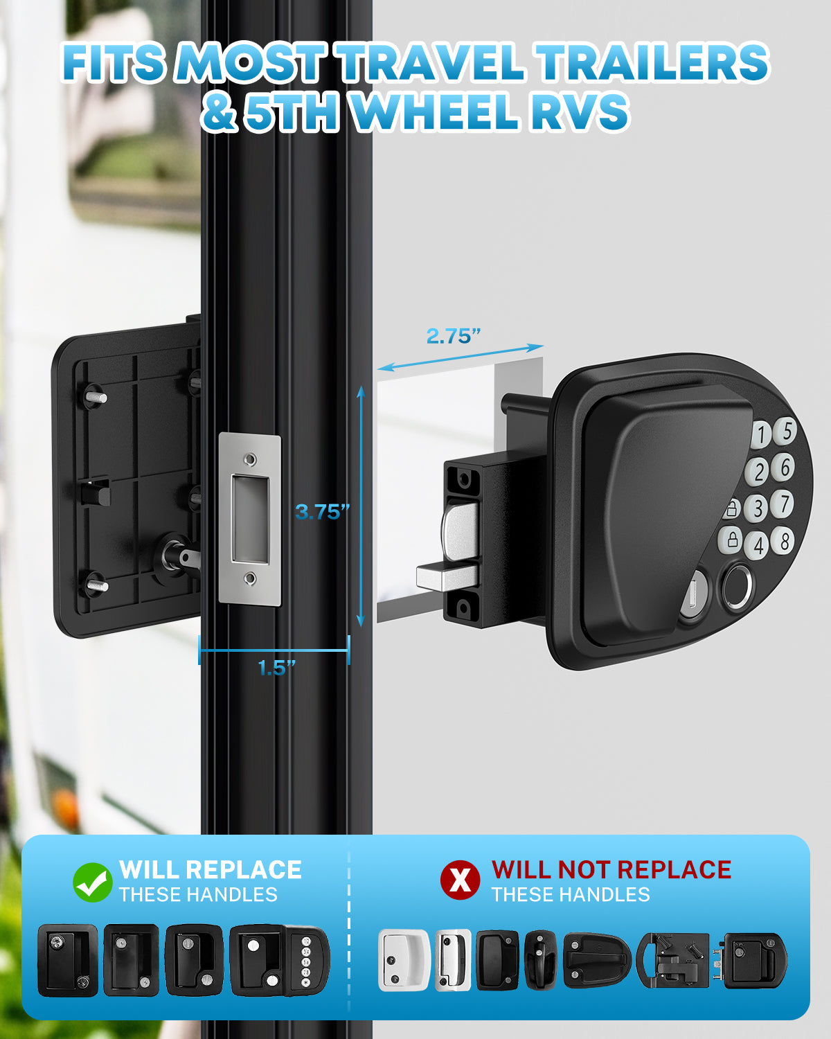 Kohree 4-in-1 Smart RV Door Lock, Keyless Entry with Fingerprint & App Control, Bluetooth, Password, Keys - Stylish Matte Black Replacement for Travel Trailer & Camper Door