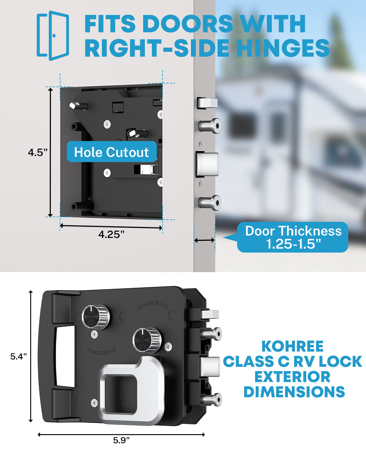 Kohree RV Door Lock, Class C Camper Door Latch with 4 Keys, Fits Most Class A & Class C Motorhomes Campers, 4.25" x 4.50" x 1.25"-1.5" Lock Holes