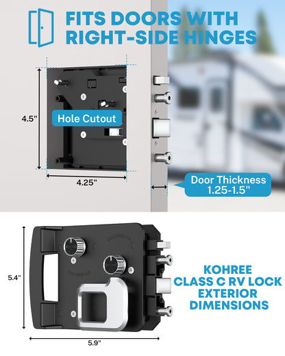 Kohree RV Door Lock, Class C Camper Door Latch with 4 Keys, Fits Most Class A & Class C Motorhomes Campers, 4.25" x 4.50" x 1.25"-1.5" Lock Holes