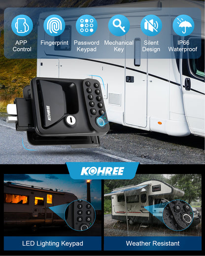 Kohree Upgraded RV Door Lock Keyless Entry, Replacement RV Door Lock with APP, Fingerprint, Password, Keys, Bluetooth RV Keyless Entry Door Lock for Trailer Camper RV Travel Trailer Door Latch