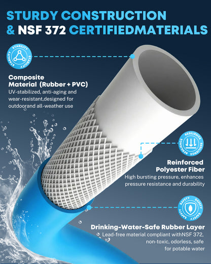 Kohree 50FT NSF 372 Certified Drinking Water Hose, 5/8" ID, Lead-Free, No-Kink & Flexible, with Storage Bag for RV, Camper, Truck, Car, Blue