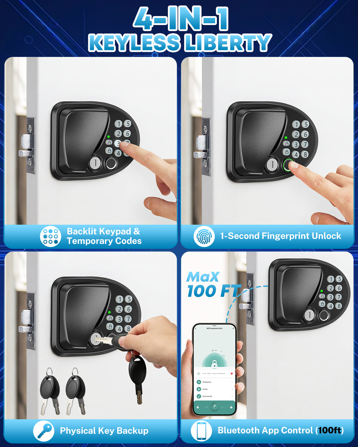 Kohree 4-in-1 Smart RV Door Lock, Keyless Entry with Fingerprint & App Control, Bluetooth, Password, Keys - Stylish Matte Black Replacement for Travel Trailer & Camper Door