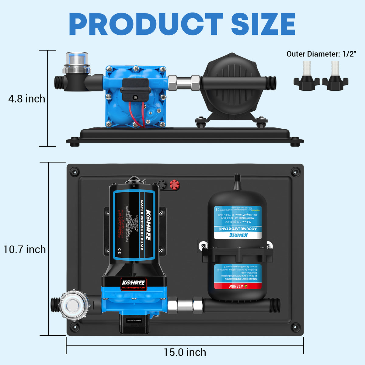 Kohree Water Pressure Diaphragm Pump Self-Priming Pump 12V DC 5.5GPM 55PSI Water Pump with 0.75L 125PSI Pre-Pressurized Accumulator Tank for Boat, RV, Marine, Yacht, Caravan