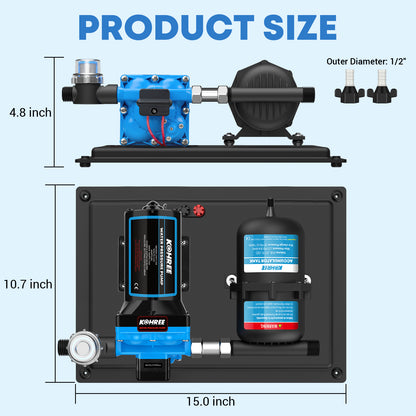Kohree Water Pressure Diaphragm Pump Self-Priming Pump 12V DC 5.5GPM 55PSI Water Pump with 0.75L 125PSI Pre-Pressurized Accumulator Tank for Boat, RV, Marine, Yacht, Caravan