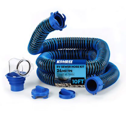 Kohree 10FT 15FT 2*10FT 20FT RV Sewer Hose Kit, 24-Mil Heavy Duty TPE Material for Abrasion Resistance and Crush Protection, UV-Resistant Heavy Duty Waste Hose for RV Camper & Travel Trailer