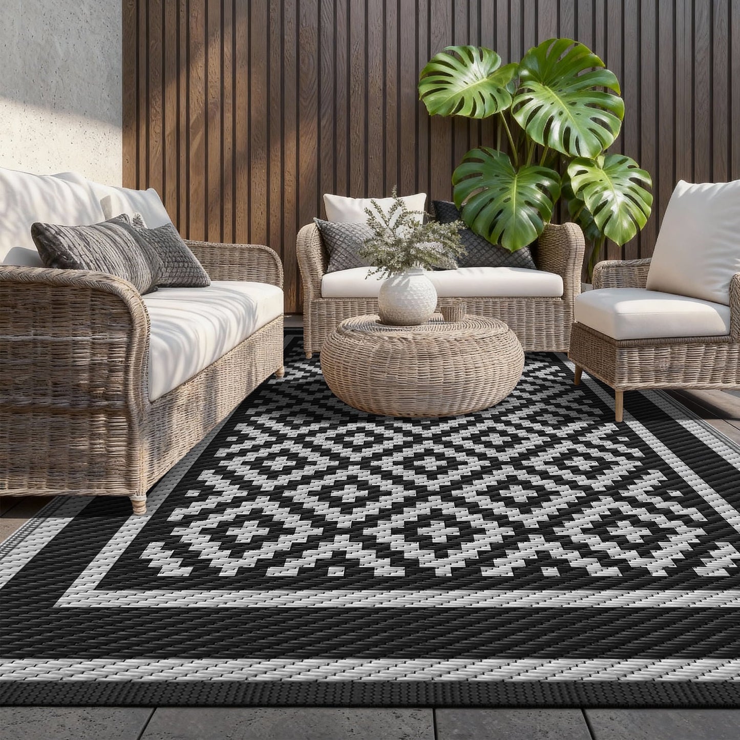 Kohree Outdoor Plastic Straw Rug 8'x10' ,Waterproof Mat with 4 Corner Loops Indoor Outdoor for RV, Camping, Deck ,Balcony (Palm leaves-Green)