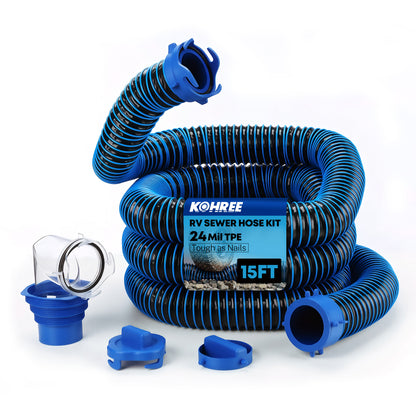 Kohree 10FT 15FT 2*10FT 20FT RV Sewer Hose Kit, 24-Mil Heavy Duty TPE Material for Abrasion Resistance and Crush Protection, UV-Resistant Heavy Duty Waste Hose for RV Camper & Travel Trailer