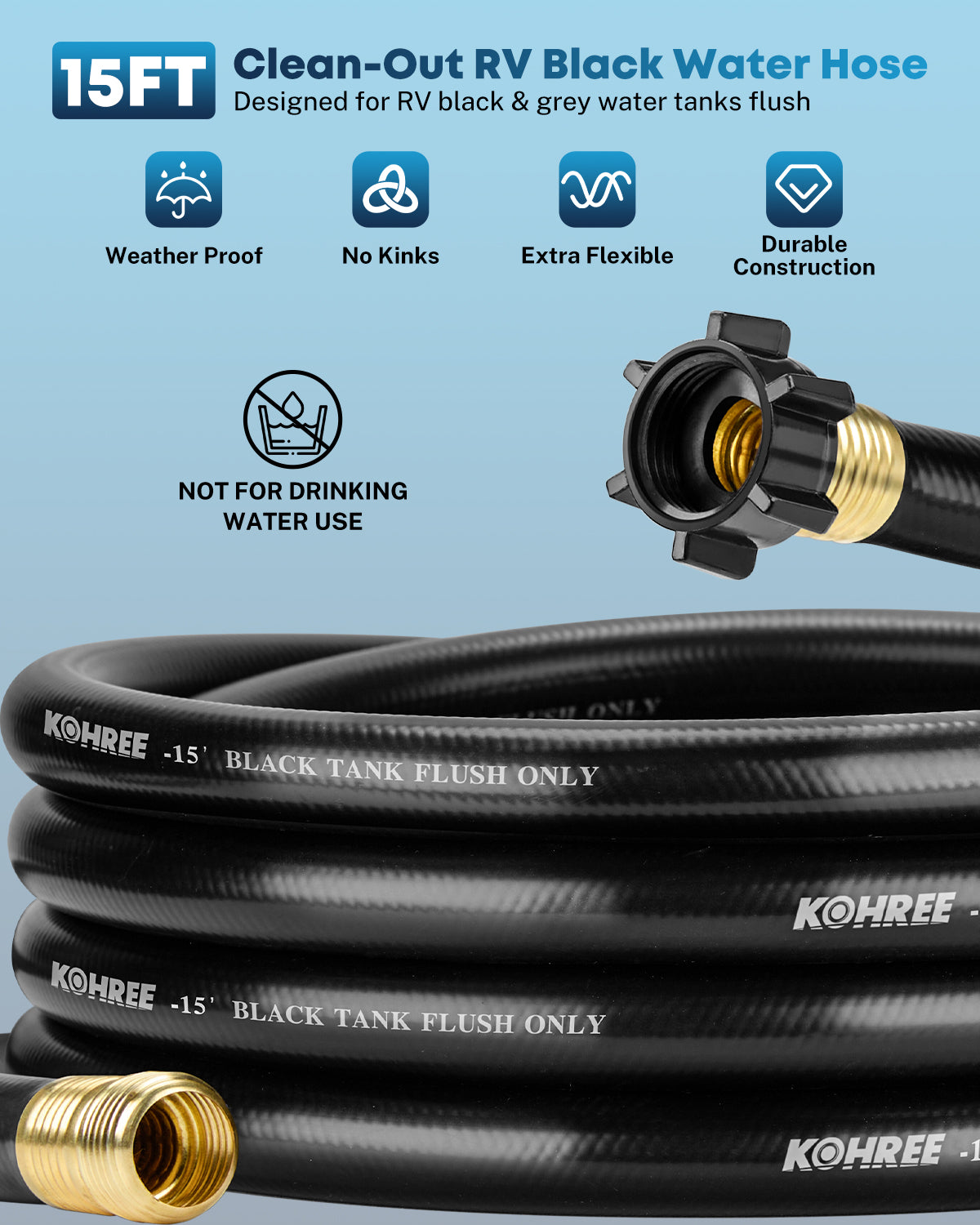 Kohree Camper & RV Black Water Hose - No-Kink Design With Storage Bag for Black Water, Gray Water, RV Tank Cleaning, 15FT 5/8" Diameter