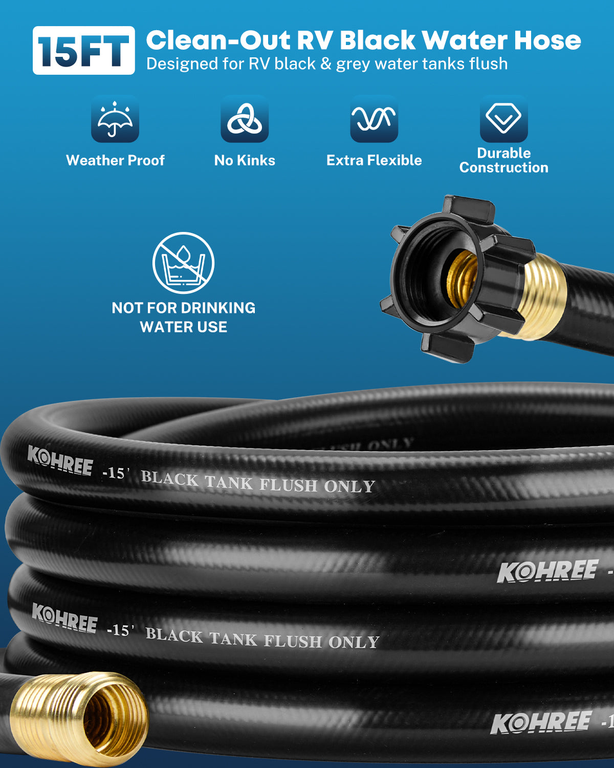 Kohree Camper & RV Black Water Hose - No-Kink Design With Storage Bag for Black Water, Gray Water, RV Tank Cleaning, 15FT 5/8" Diameter