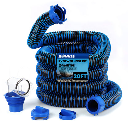 Kohree 10FT 15FT 2*10FT 20FT RV Sewer Hose Kit, 24-Mil Heavy Duty TPE Material for Abrasion Resistance and Crush Protection, UV-Resistant Heavy Duty Waste Hose for RV Camper & Travel Trailer