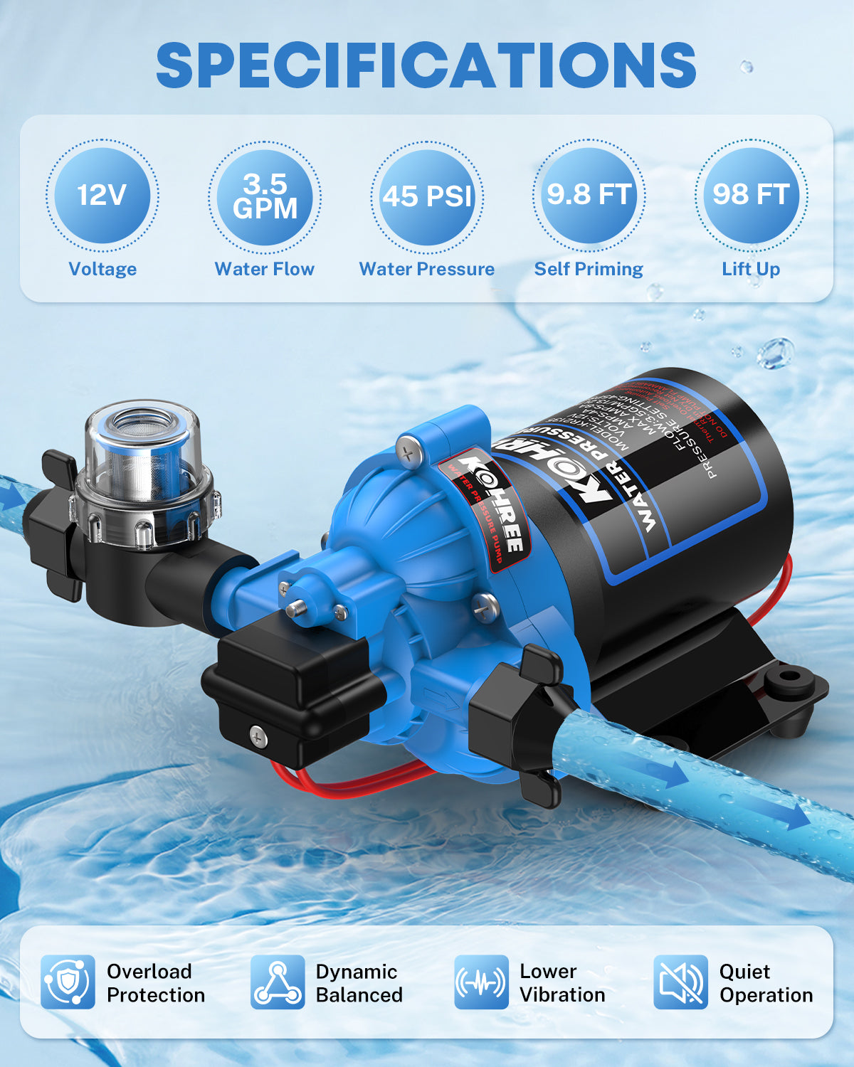 Kohree 12V RV Water Pump 3.5GPM 55PSI, Water Pressure Booster Pump, Self-Priming Diaphragm Pump with Switch, Direct Replacement for 4008-101-A65/E65 for RV Camper Kitchen Bathroom Marine Yacht