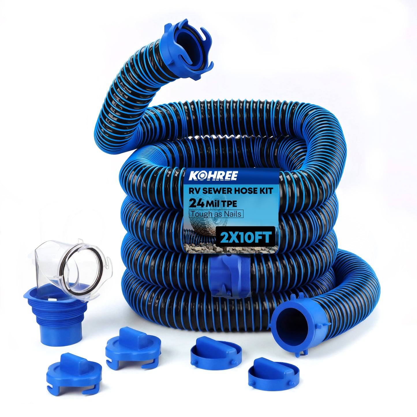 Kohree 10FT 15FT 2*10FT 20FT RV Sewer Hose Kit, 24-Mil Heavy Duty TPE Material for Abrasion Resistance and Crush Protection, UV-Resistant Heavy Duty Waste Hose for RV Camper & Travel Trailer