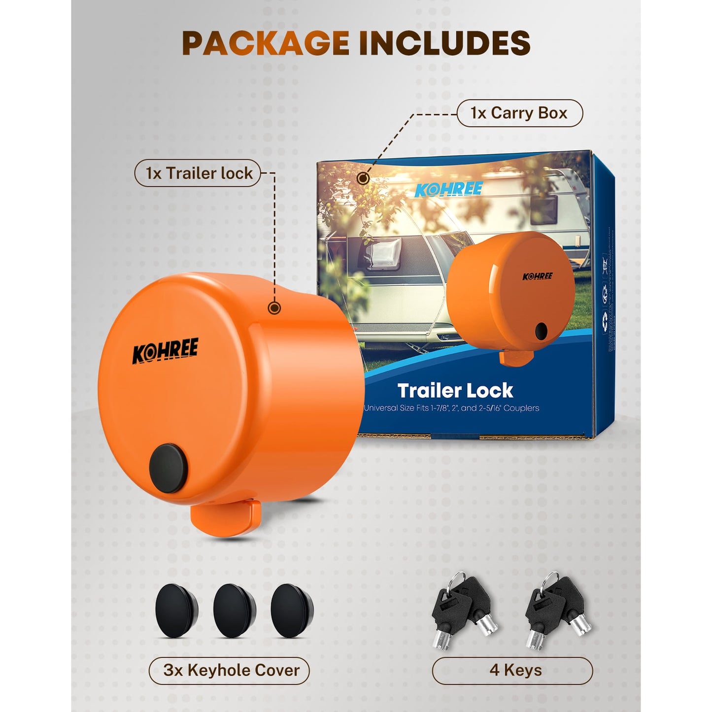 Kohree RV Trailer Hitch Locks Heavy Duty Trailer Coupler Lock Fits 2-5/16 inch, 1-7/8" Couplers with 4 Keys & 4 Dust Covers, Orange