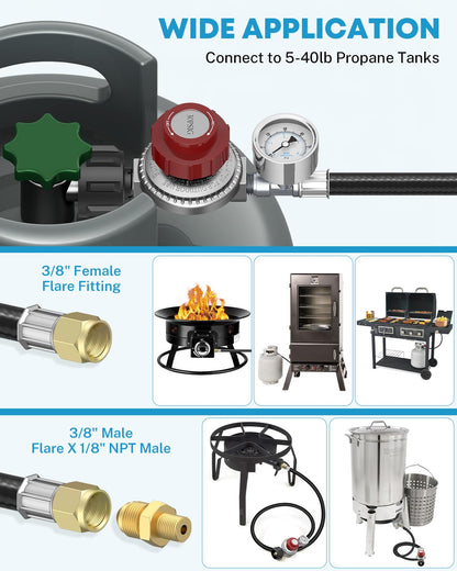 Kohree Upgrade 4FT Adjustable Propane Regulator with Hose High Pressure, Stanless Steel 0-30 & 0-60 PSI Gauges & ⅜ Flare Fitting for Fire Pit, Fryers, Burners, Heaters, QCC1 Tank, BBQ Grill, Stoves