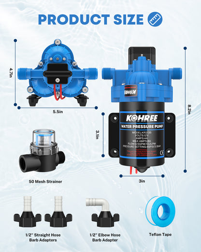 Kohree 12V RV Water Pump 3.5GPM 55PSI, Water Pressure Booster Pump, Self-Priming Diaphragm Pump with Switch, Direct Replacement for 4008-101-A65/E65 for RV Camper Kitchen Bathroom Marine Yacht