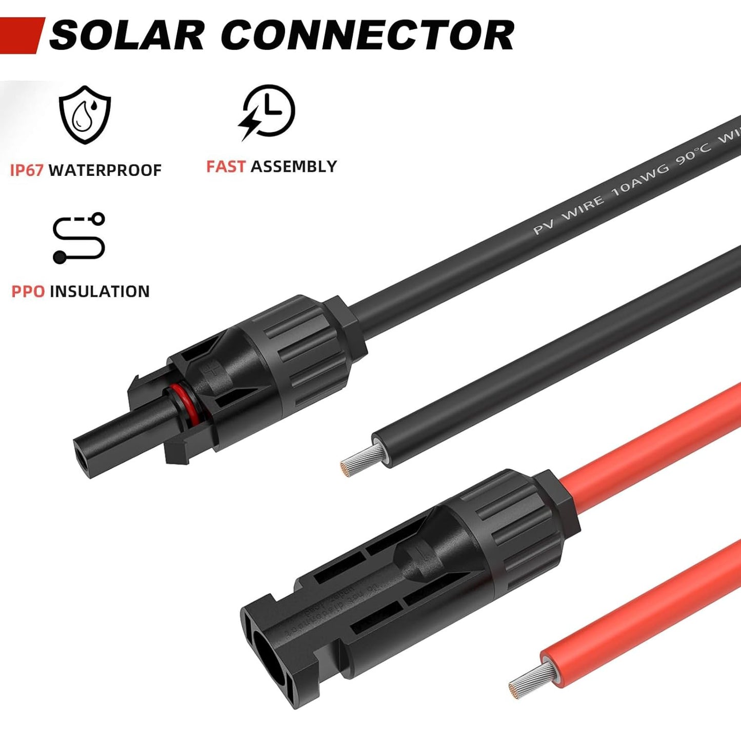 Kohree 1 Pair 30 Ft Solar Panel Extension Cable Wire Connector 10AWG Female and Male Adapter Kit (Red + Black)