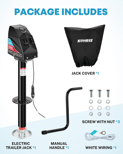 Kohree Electric Trailer Jack 6000 lbs, Heavy Duty RV Electric Power Tongue Jack for Travel Trailer A-Frame Camper, with Manual Crank Handle & Weatherproof Jack Cover, 22" Lift, 12V DC with Wiring
