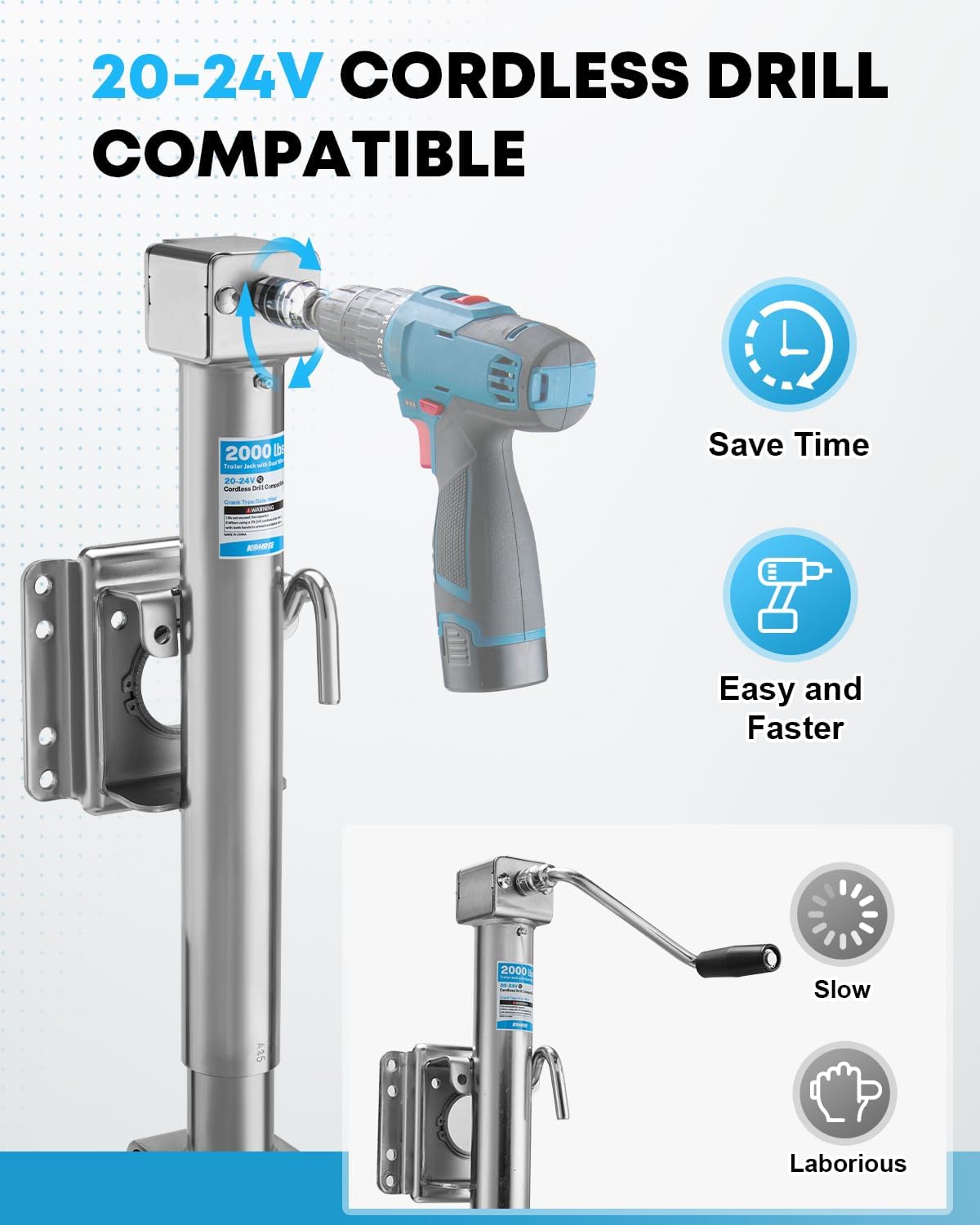 Kohree 2000 lbs Trailer Jack with Dual Wheel, 20-24V Cordless Drill Compatible, Heavy Duty Bolt on Trailer Tongue Jack for RV, Boat, Sliver, 12" Lift