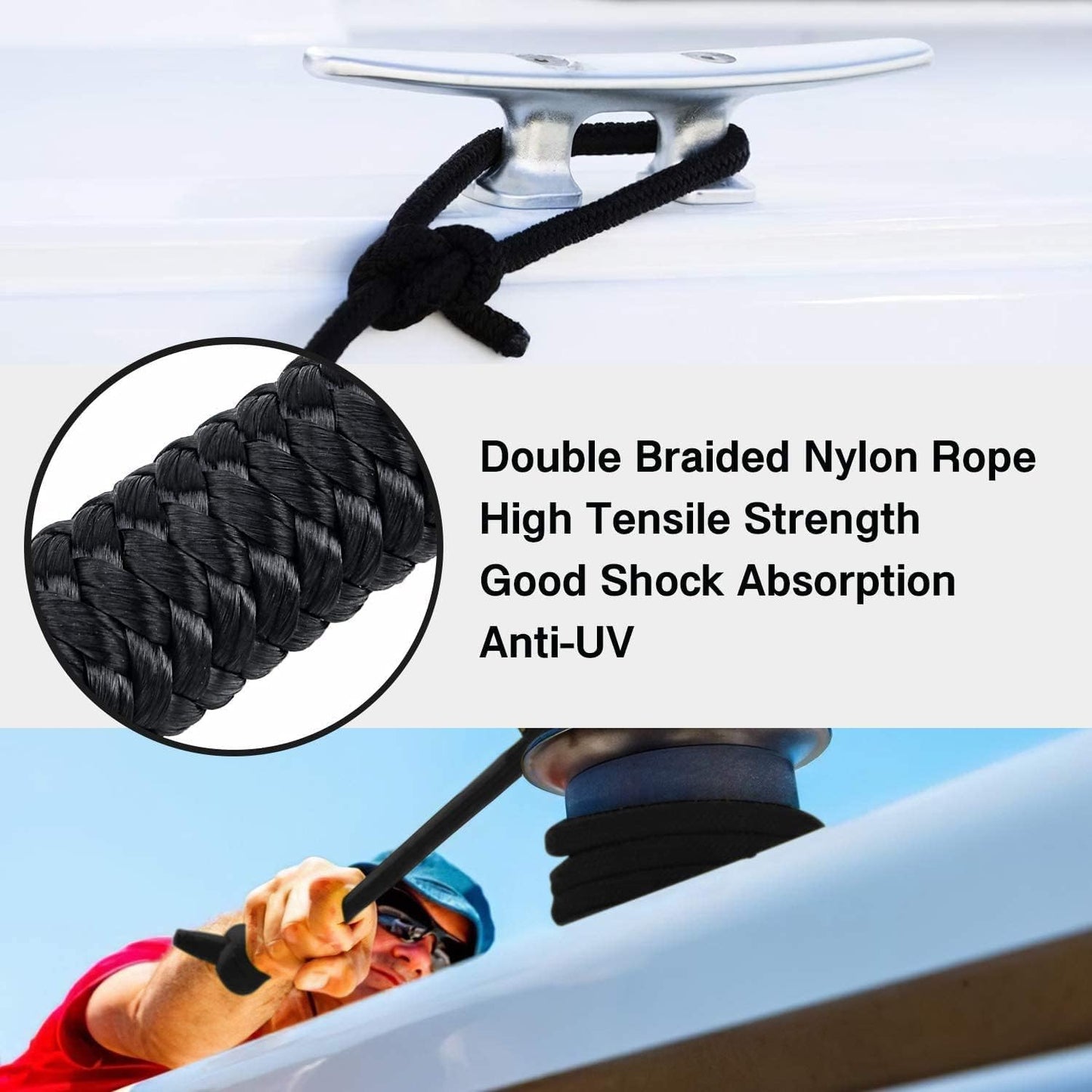Kohree 3/8" x 15'/20Feet/25Feet/ Boat Dock Lines, Pre-Spliped 12" Eyelet Fender Lines, Heavy-Duty Double Braided Nylon Marine Ropes for Mooring, Docking Yacht Pontoon Accessories, 4 Pack,