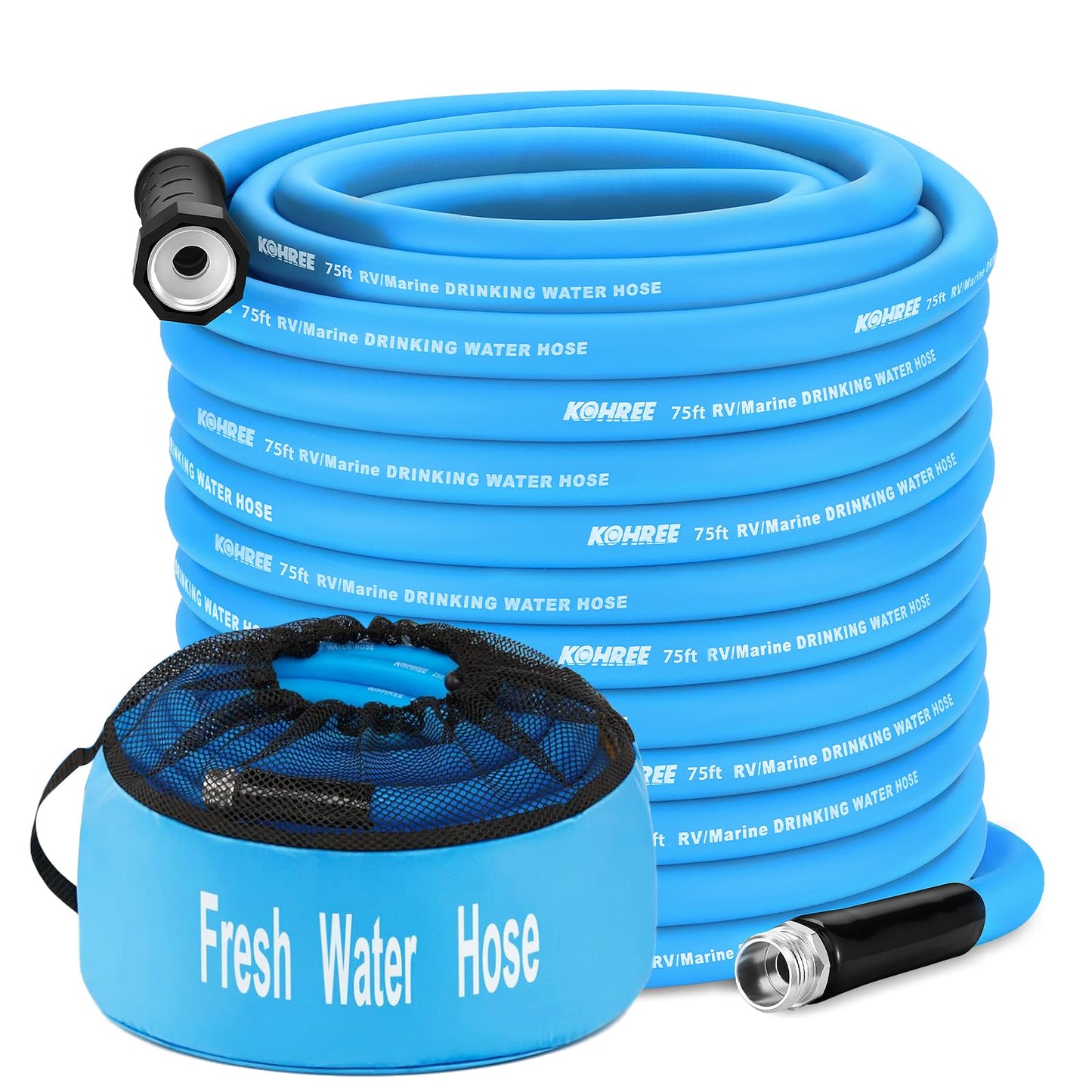 Kohree 75 FT/100FT RV Water Hose, 5/8" Premium Drinking Water Hose, Leak Free, No Odor, No Kink, 75 Foot Garden Hose with Storage Bag, Ideal for RV, Camper, Garden - Blue