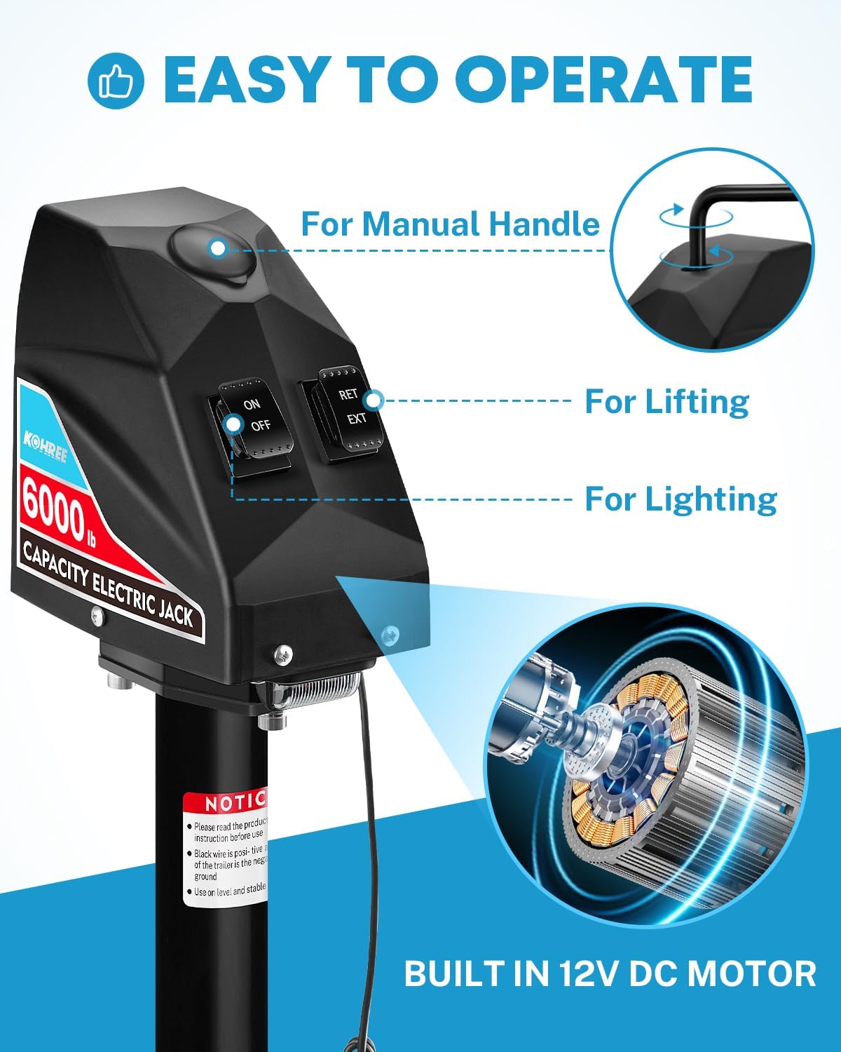 Kohree Electric Trailer Jack 6000 lbs, Heavy Duty RV Electric Power Tongue Jack for Travel Trailer A-Frame Camper, with Manual Crank Handle & Weatherproof Jack Cover, 22" Lift, 12V DC with Wiring