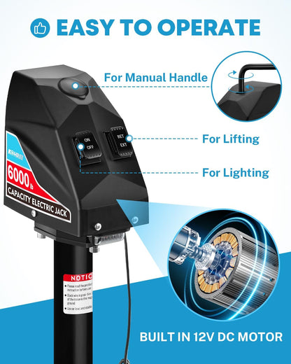 Kohree Electric Trailer Jack 6000 lbs, Heavy Duty RV Electric Power Tongue Jack for Travel Trailer A-Frame Camper, with Manual Crank Handle & Weatherproof Jack Cover, 22" Lift, 12V DC with Wiring