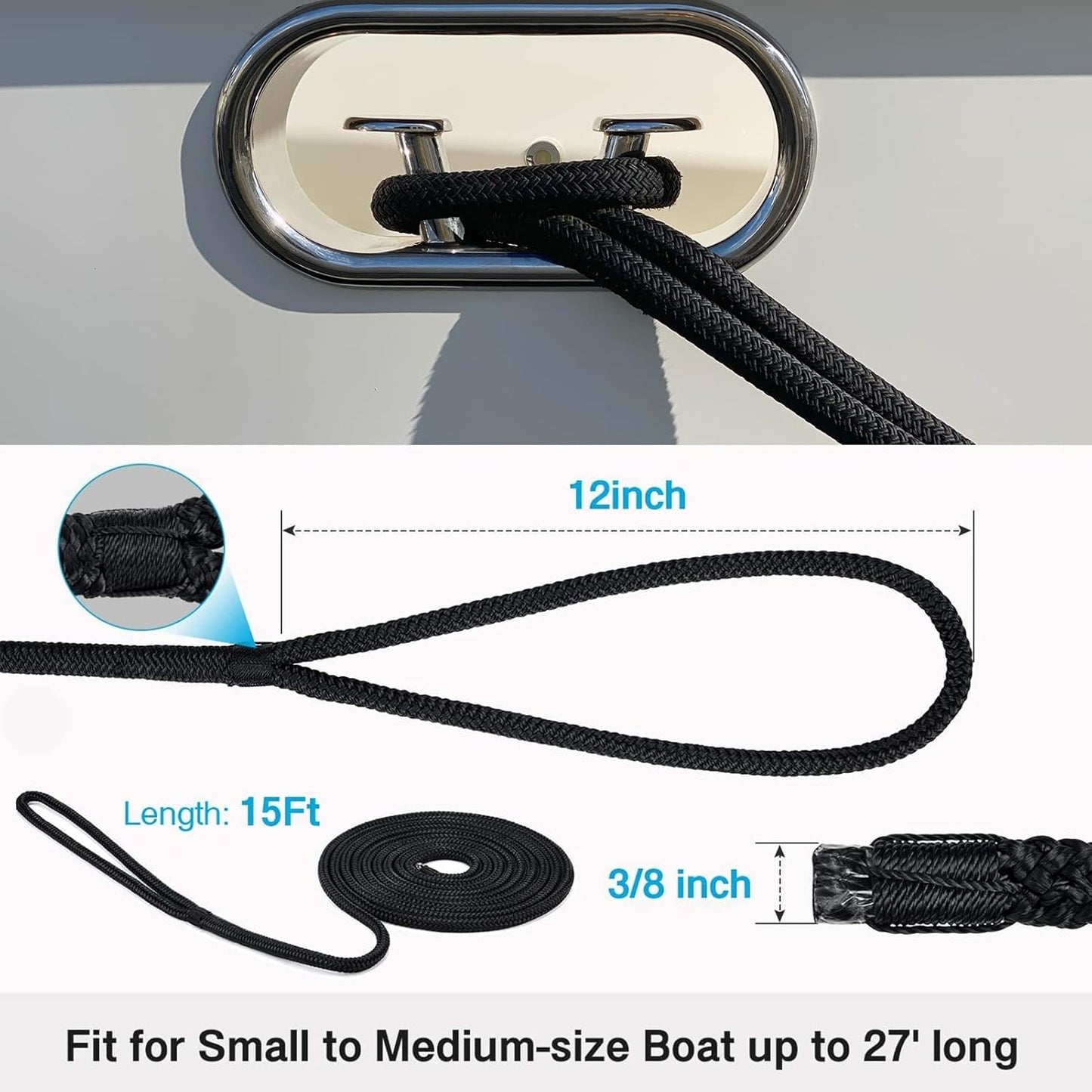 Kohree 3/8" x 15'/20Feet/25Feet/ Boat Dock Lines, Pre-Spliped 12" Eyelet Fender Lines, Heavy-Duty Double Braided Nylon Marine Ropes for Mooring, Docking Yacht Pontoon Accessories, 4 Pack,