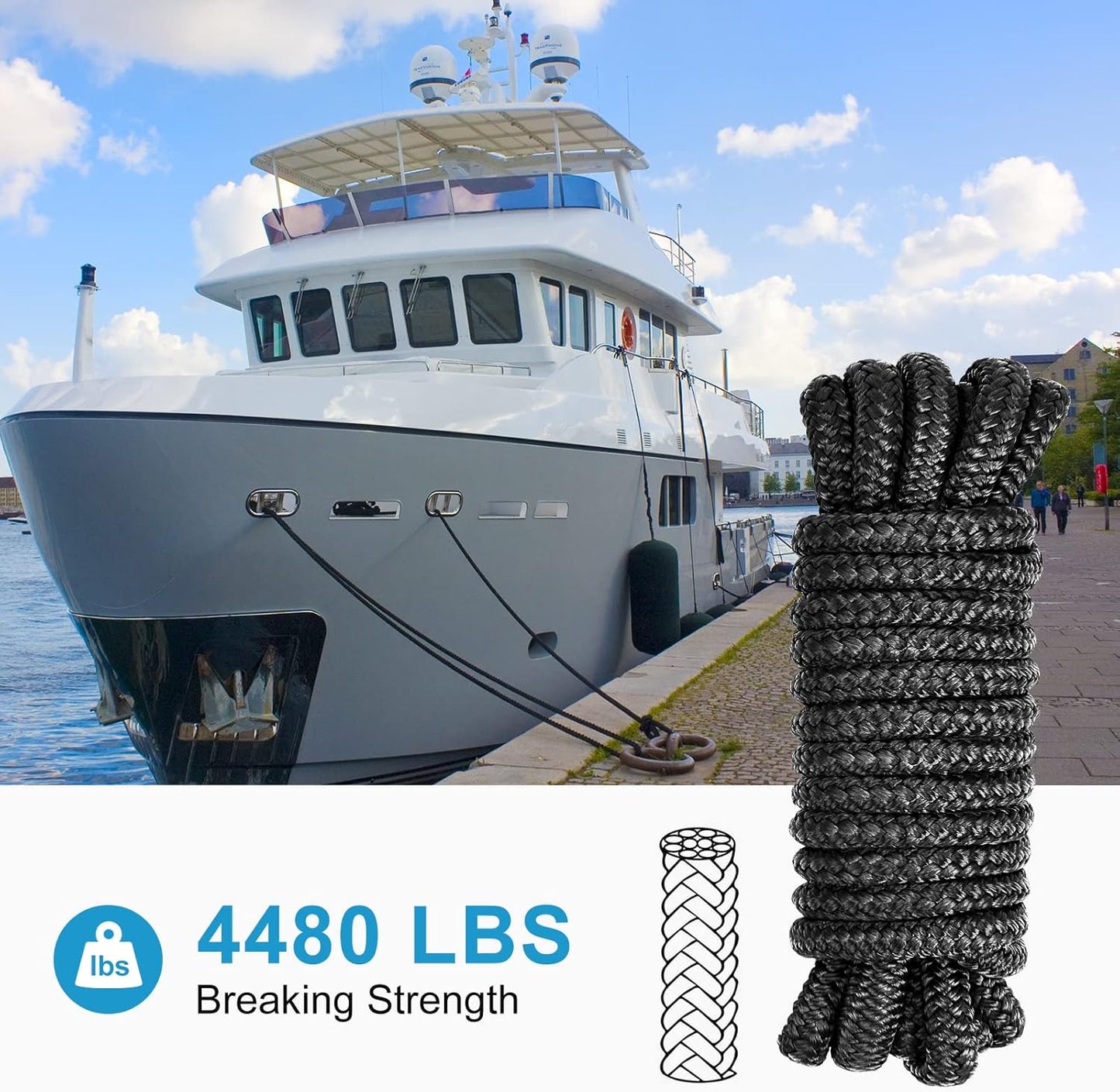Kohree 3/8" x 15'/20Feet/25Feet/ Boat Dock Lines, Pre-Spliped 12" Eyelet Fender Lines, Heavy-Duty Double Braided Nylon Marine Ropes for Mooring, Docking Yacht Pontoon Accessories, 4 Pack,