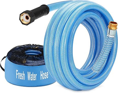 Kohree 15FT/25FT/35FT/50FT Upgraded RV Water Hose with Strap, 5/8" Premium Drinking Water Hose, Leak Free, No Kink, Reinforced PVC Design w/Strain Relief Ends, Short Flexible Garden Hose for RV, Camper, Truck - Blue