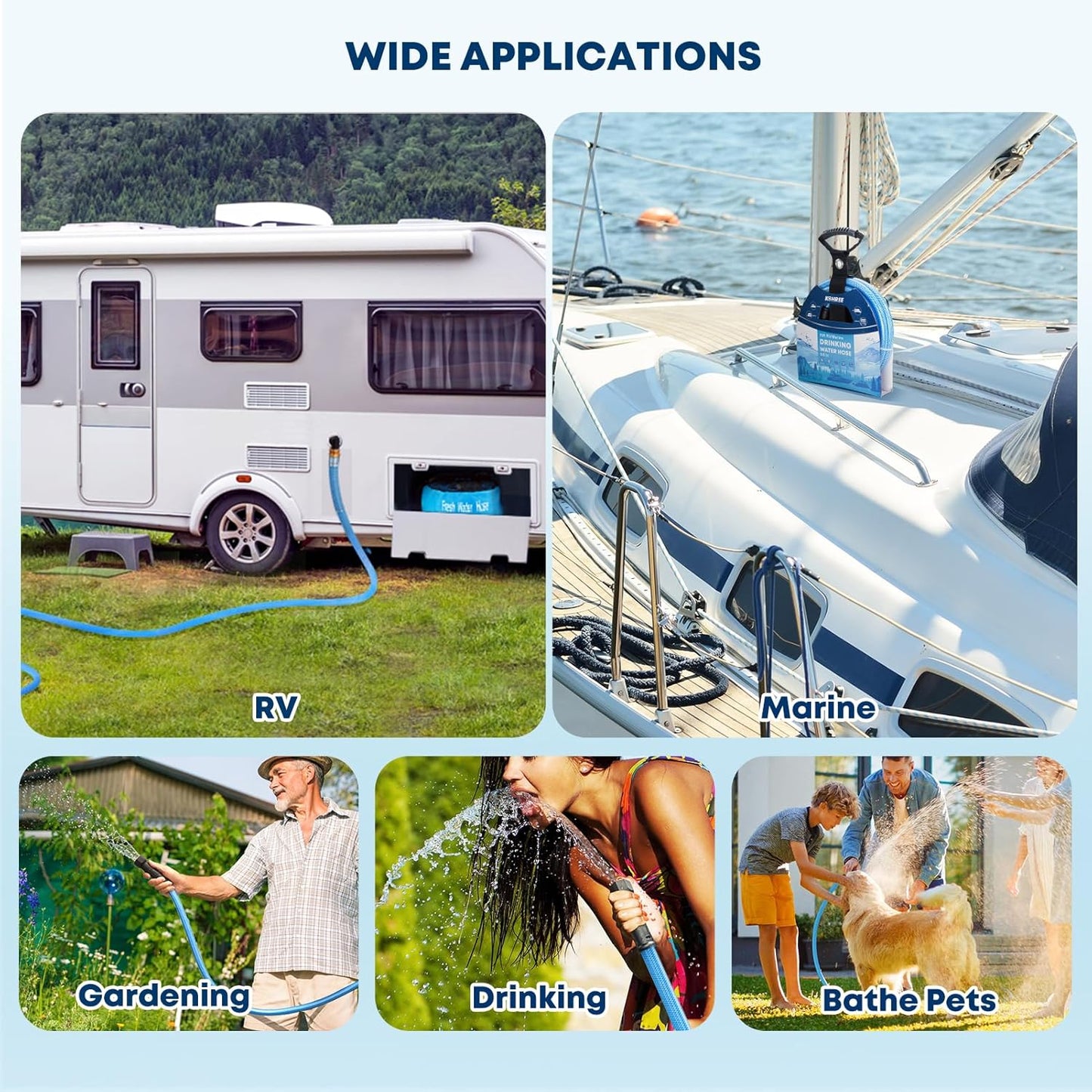 Kohree 15FT/25FT/35FT/50FT Upgraded RV Water Hose with Strap, 5/8" Premium Drinking Water Hose, Leak Free, No Kink, Reinforced PVC Design w/Strain Relief Ends, Short Flexible Garden Hose for RV, Camper, Truck - Blue