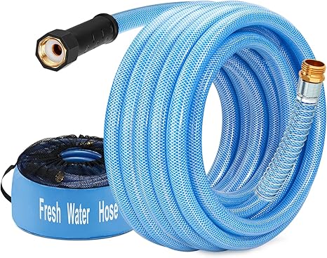 Kohree 15FT/25FT/35FT/50FT Upgraded RV Water Hose with Strap, 5/8" Premium Drinking Water Hose, Leak Free, No Kink, Reinforced PVC Design w/Strain Relief Ends, Short Flexible Garden Hose for RV, Camper, Truck - Blue