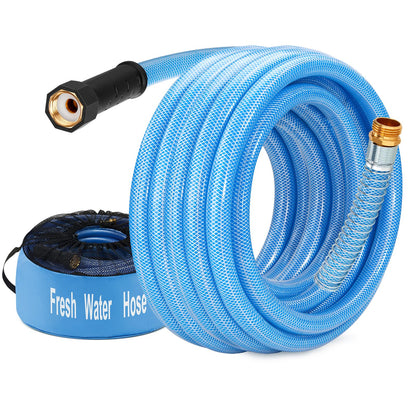 Kohree 15FT/25FT/35FT/50FT Upgraded RV Water Hose with Strap, 5/8" Premium Drinking Water Hose, Leak Free, No Kink, Reinforced PVC Design w/Strain Relief Ends, Short Flexible Garden Hose for RV, Camper, Truck - Blue