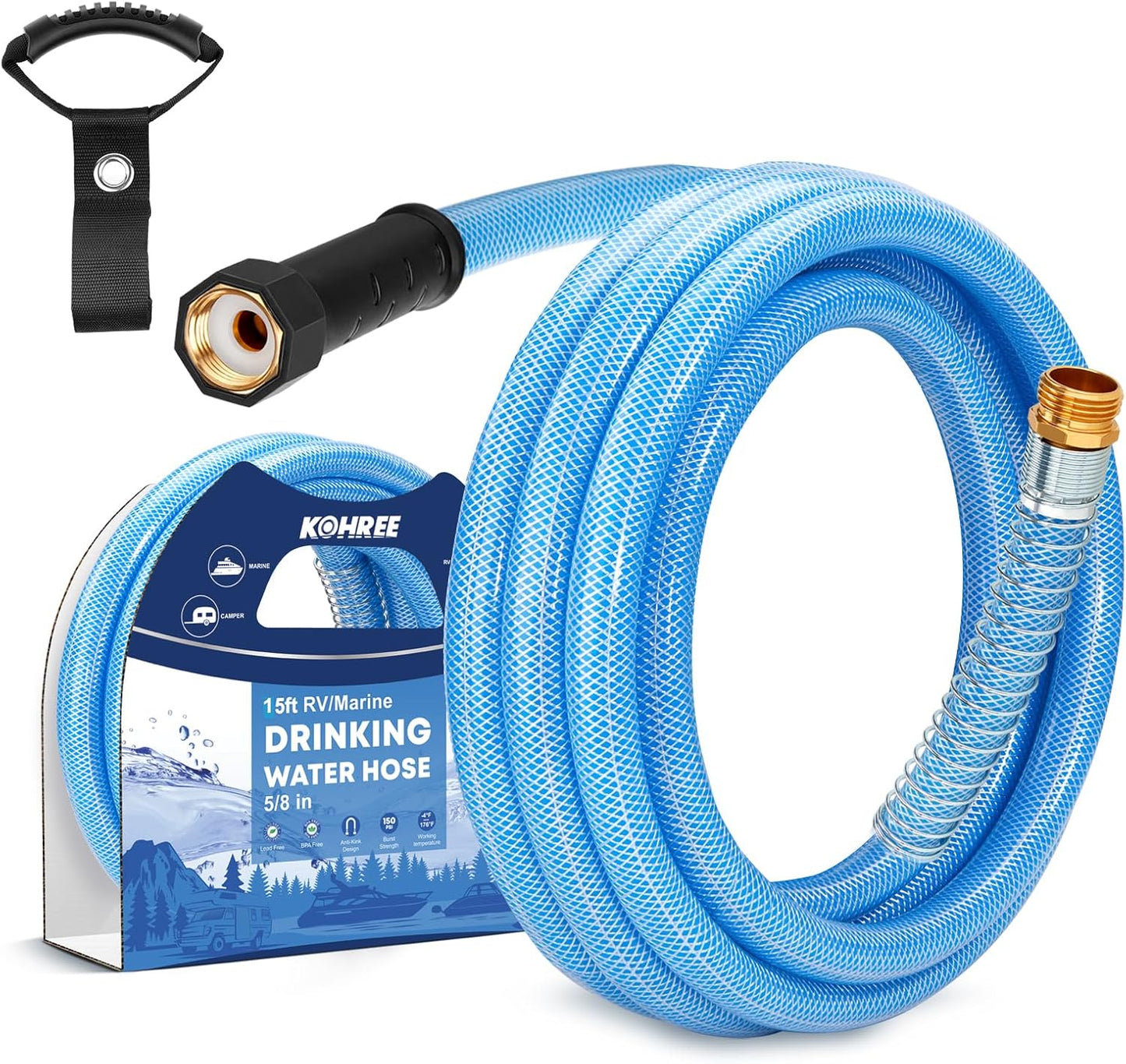 Kohree 15FT/25FT/35FT/50FT Upgraded RV Water Hose with Strap, 5/8" Premium Drinking Water Hose, Leak Free, No Kink, Reinforced PVC Design w/Strain Relief Ends, Short Flexible Garden Hose for RV, Camper, Truck - Blue