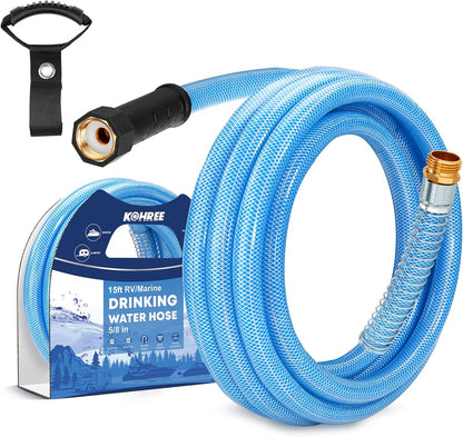 Kohree 15FT/25FT/35FT/50FT Upgraded RV Water Hose with Strap, 5/8" Premium Drinking Water Hose, Leak Free, No Kink, Reinforced PVC Design w/Strain Relief Ends, Short Flexible Garden Hose for RV, Camper, Truck - Blue