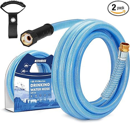Kohree 15FT/25FT/35FT/50FT Upgraded RV Water Hose with Strap, 5/8" Premium Drinking Water Hose, Leak Free, No Kink, Reinforced PVC Design w/Strain Relief Ends, Short Flexible Garden Hose for RV, Camper, Truck - Blue