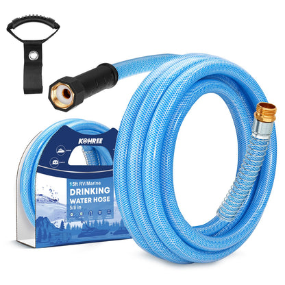 Kohree 15FT/25FT/35FT/50FT Upgraded RV Water Hose with Strap, 5/8" Premium Drinking Water Hose, Leak Free, No Kink, Reinforced PVC Design w/Strain Relief Ends, Short Flexible Garden Hose for RV, Camper, Truck - Blue
