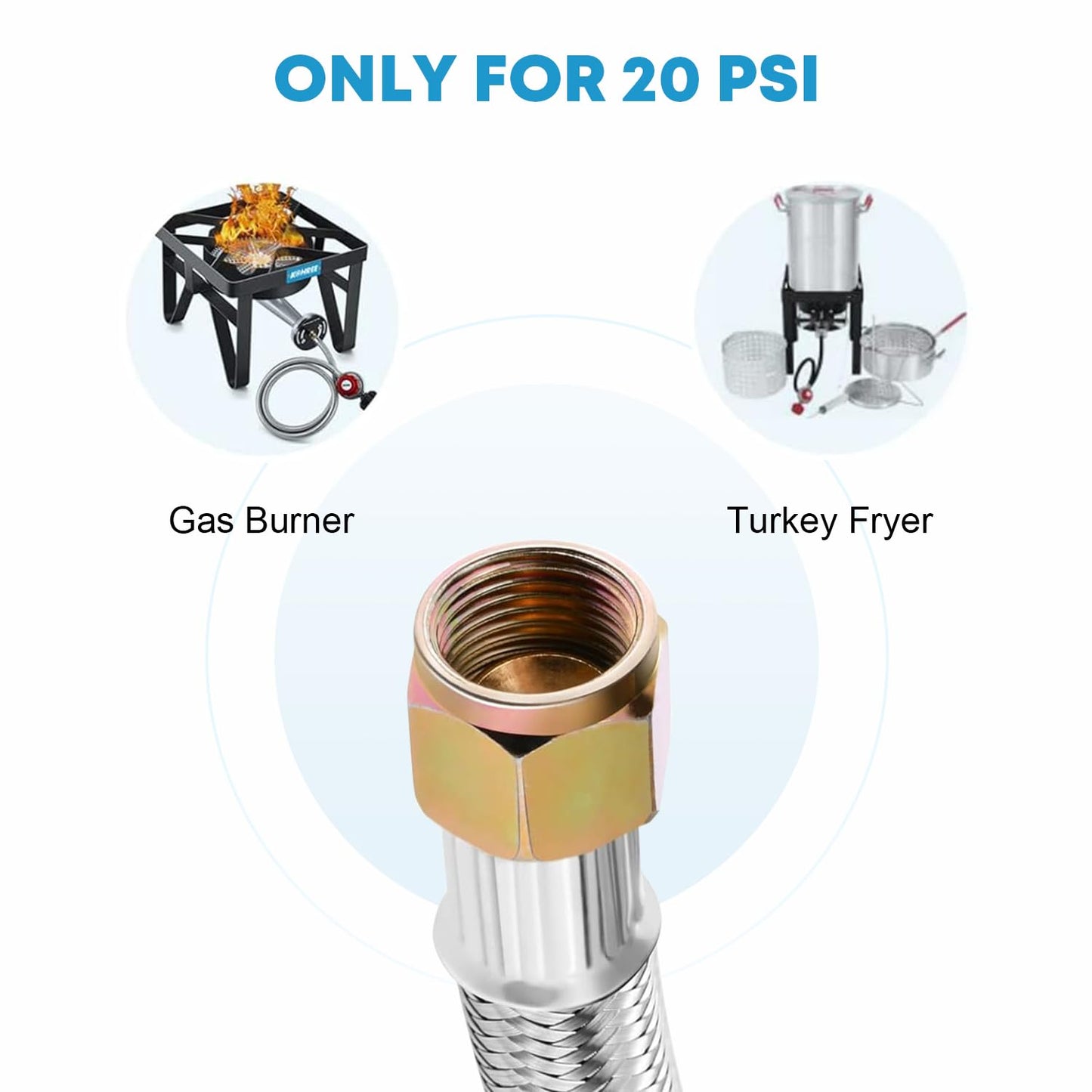 Kohree 8 FT High Pressure Propane 20 PSI Adjustable Regulator with Hose Stainless Steel Braided QCC-1 Type Connection for Turkey Fryer, Firepit, Newer U.S. 5-40lb Propane Gas Tanks, Cooker