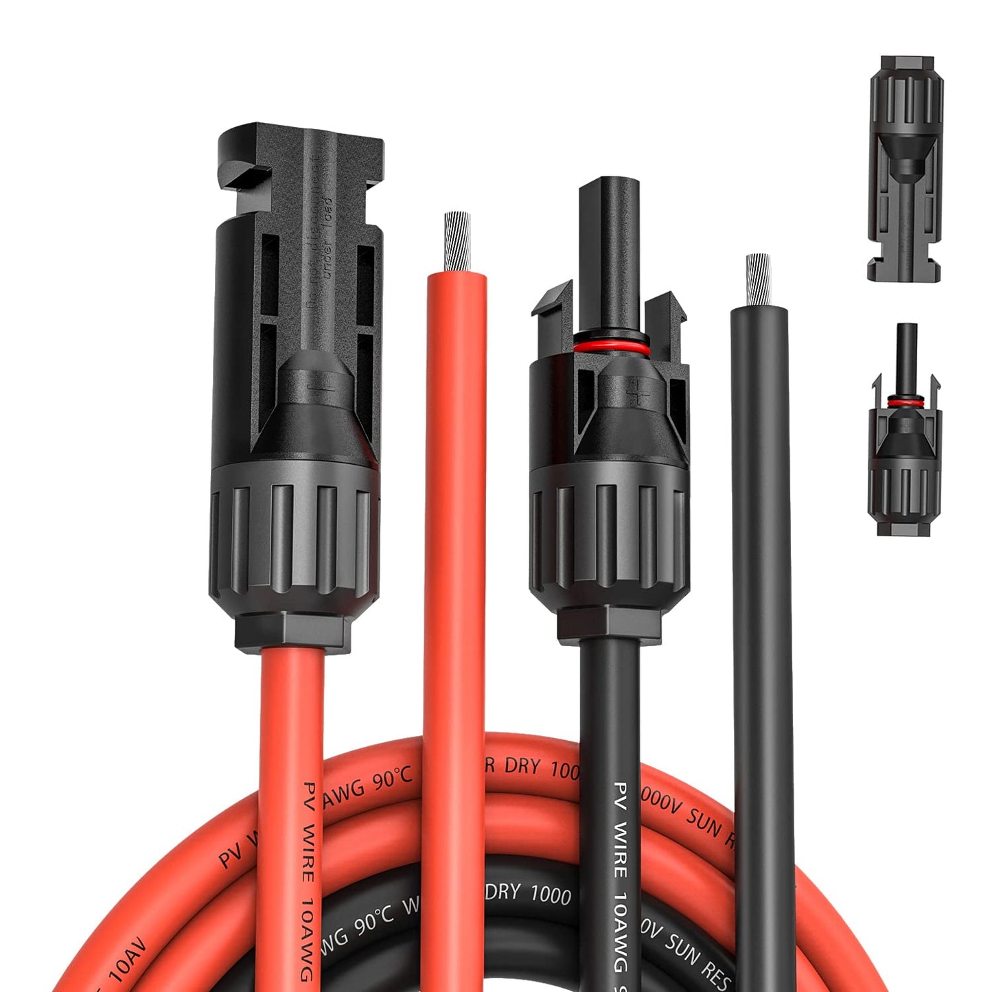 Kohree 1 Pair 30 Ft Solar Panel Extension Cable Wire Connector 10AWG Female and Male Adapter Kit (Red + Black)